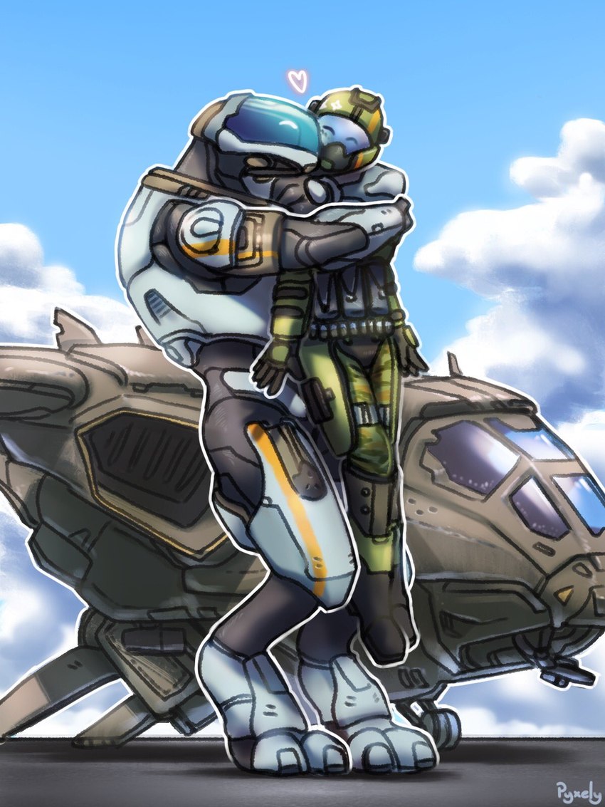 2_toes aircraft armor border clothed clothing cuirass cuisse digitigrade duo eyes_closed feet female full_armor fully_clothed headgear heart_symbol helmet hug hugging_another hugging_from_behind larger_female larger_humanoid lifted lifting lifting_another male male/female outside pelican_(halo) size_difference smaller_human smaller_male spaulder toes vehicle white_border qwertyas1 halo_(series) microsoft xbox_game_studios alien human humanoid mammal sangheili 3:4 colored hi_res