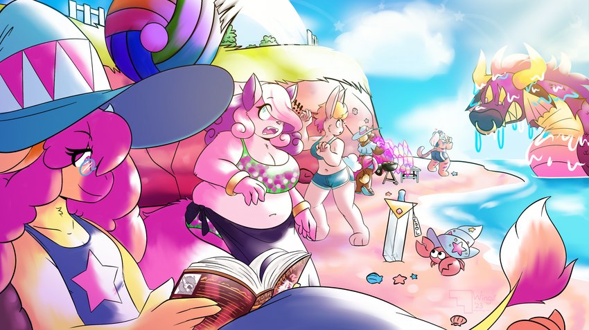 anthro ball beach beach_ball bikini blonde_hair blue_eyes book bottomwear clothing eyewear female footwear glasses group hair holding_book holding_object horn inflatable looking_at_another looking_back looking_back_at_another magic_shield melee_weapon multicolored_hair navel one-piece_swimsuit open_mouth outside overweight overweight_female partially_submerged pink_body purple_eyes purple_hair reading reading_book sandals sarong seaside shoes shorts sitting size_difference standing swimwear sword tail tail_tuft text tuft two-piece_swimsuit weapon white_body yellow_body yellow_sclera winguthings mythology super_lesbian_animal_rpg allison_goleta claire_higsby faith_vincent jodie_caldwell melody_amaranth aquatic_dragon arthropod bovid bovine canid canine cattle crustacean dragon equid equine felid fox hermit_crab lagomorph leporid malacostracan mammal marine mythological_creature mythological_equine mythological_scalie pantherine rabbit scalie tiger unicorn 2023 english_text hi_res trans_(lore) trans_woman_(lore)