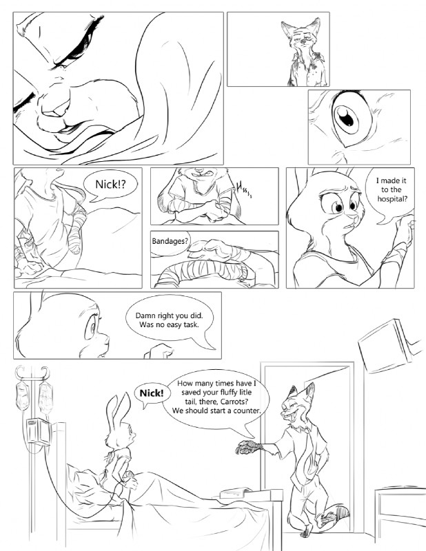 anthro bandage bed clothed clothing duo female furniture hospital intravenous lying male on_back on_bed patient text waking_up wounded iji disney zootopia judy_hopps nick_wilde canid canine fox lagomorph leporid mammal rabbit red_fox true_fox comic english_text hi_res monochrome