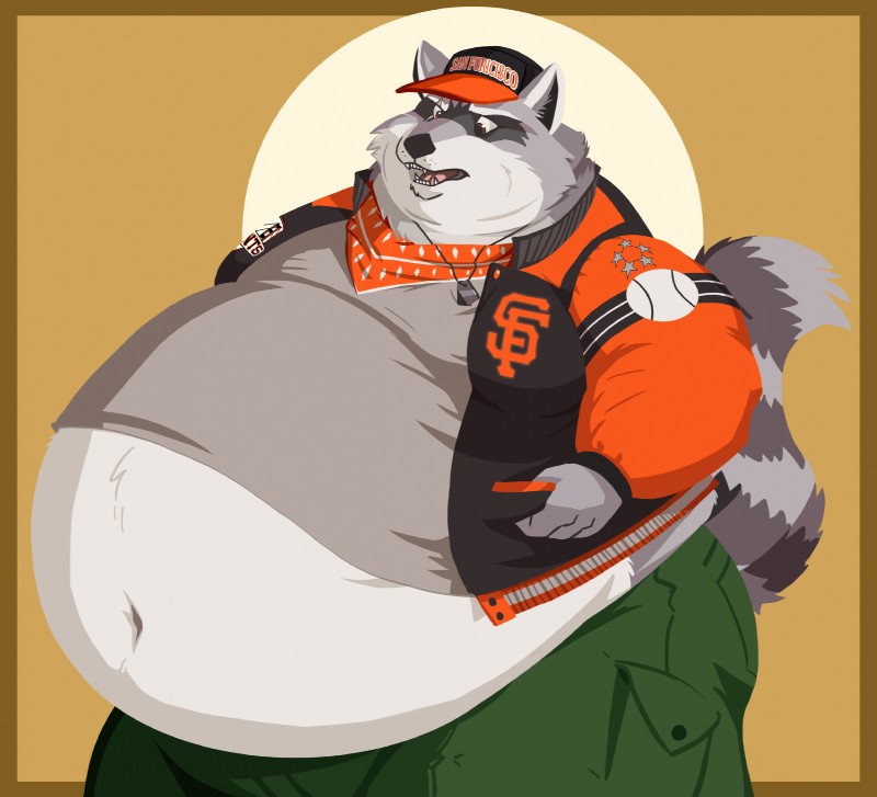 annoyed anthro baseball_cap belly big_belly clothed clothing dog_tags eye_scar facial_markings facial_scar fur grey_body grey_fur hat head_markings headgear headwear kerchief male markings mask_(marking) moobs navel obese obese_anthro obese_male open_mouth overweight overweight_anthro overweight_male pockets ring_(marking) ringed_tail scar solo striped_markings striped_tail stripes tail tail_markings thumb_in_pocket caleblloyd rocky_ramos mammal procyonid raccoon hi_res