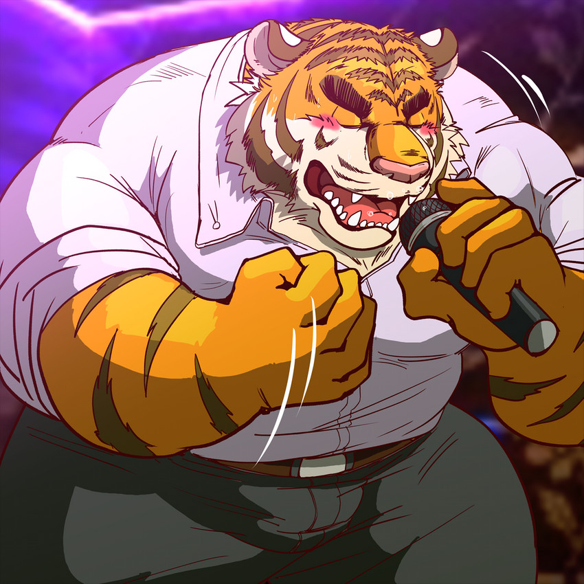 anthro blush bottomwear clothing eyes_closed humanoid_hands kemono male overweight overweight_anthro overweight_male pants shirt singing solo topwear raichoclub felid mammal pantherine tiger 1:1 2019