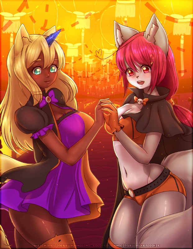 anthro bow_(feature) bow_tie breasts clothed clothing duo female hand_holding horn smile pocketcookie animal_humanoid cat_humanoid felid felid_humanoid feline feline_humanoid humanoid hybrid mammal mammal_humanoid hi_res