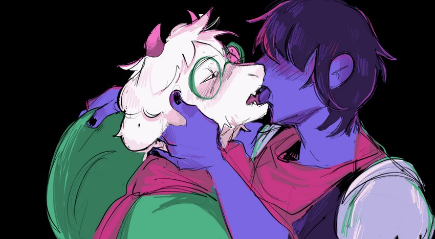 anthro blue_body blue_hair blue_skin blush duo french_kissing fur hair human_on_anthro interspecies kissing male male/male romantic tongue white_body white_fur jetstarred deltarune undertale_(series) kris_(deltarune) ralsei bovid caprine goat human mammal hi_res