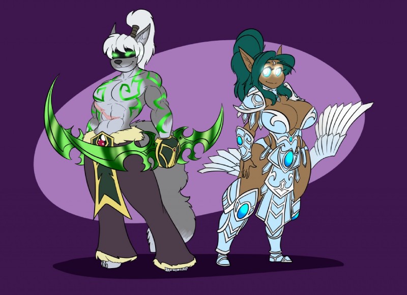 anthro big_breasts breasts clothed clothing cosplay duo female glowing glowing_eyes male melee_weapon no_pupils smile standing weapon kaboozle blizzard_entertainment warcraft illidan_stormrage_(warcraft) tyrande_whisperwind canid canine elf humanoid mammal night_elf