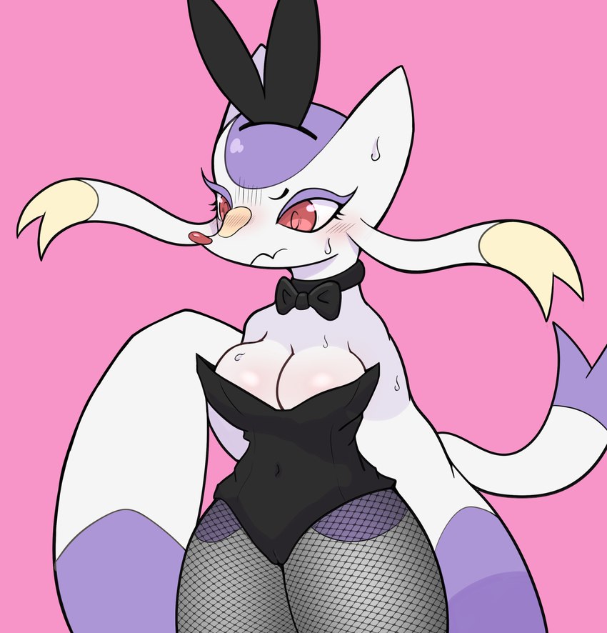 anthro big_breasts black_bow_tie black_clothing blush bodily_fluids bow_(feature) bow_in_front bow_tie breasts bunny_costume camel_toe cleavage clothed clothing costume dipstick_tail embarrassed eyelashes fake_ears fake_rabbit_ears female fishnet_clothing fishnet_legwear flustered fur legwear markings navel_outline pink_background purple_body purple_fur purple_tail_tip red_eyes red_nose simple_background solo standing sweat tail tail_markings white_body white_fur white_tail yellow_body yellow_fur seegmuh nintendo pokemon generation_5_pokemon mienshao pokemon_(species) hi_res