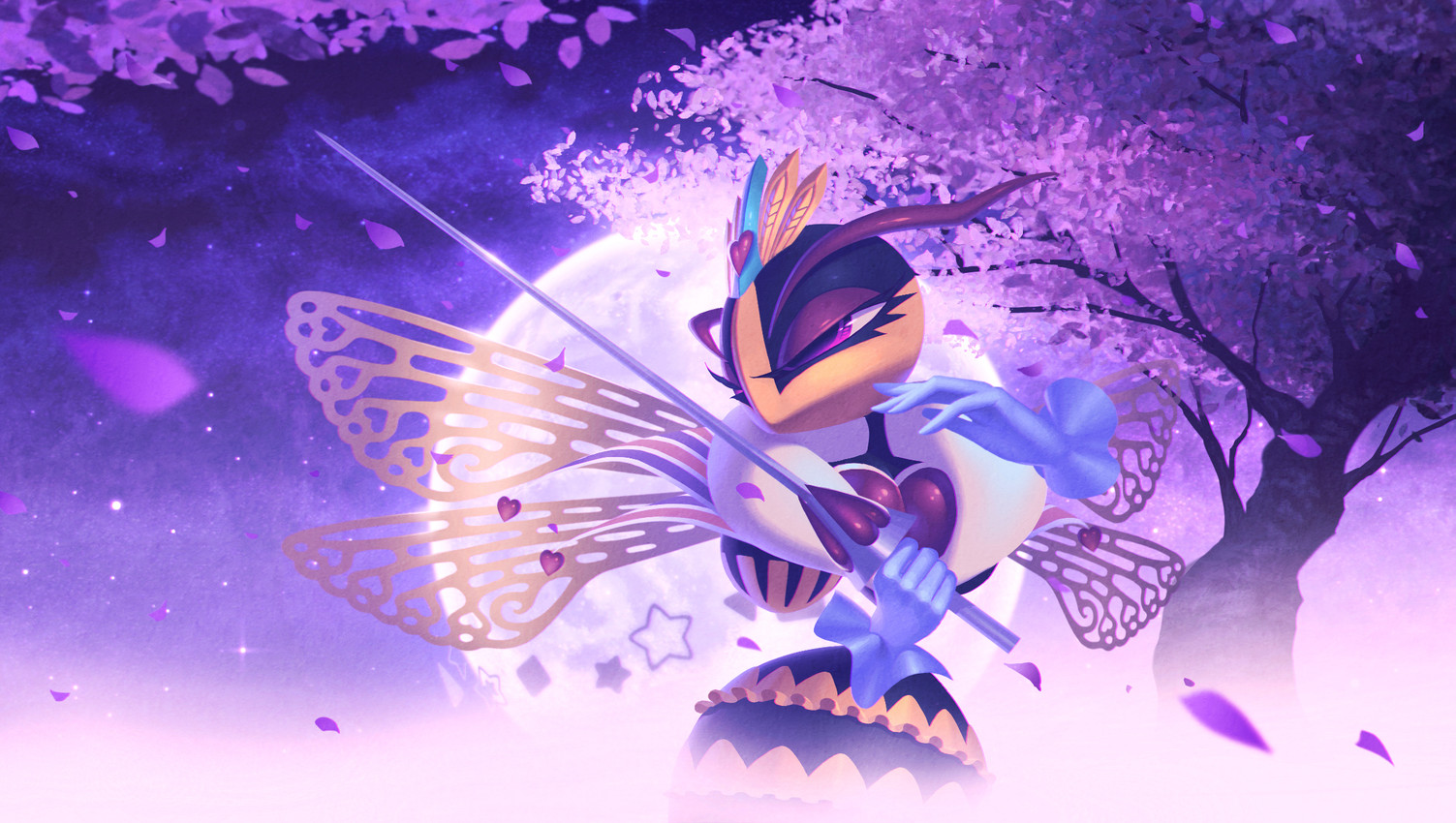 4_wings anniversary antennae_(anatomy) anthro arthropod_abdomen cherry_blossom cherry_blossom_tree cherry_tree clothing crown detailed_background eyelashes eyeshadow female floating_hands flower fruit_tree gloves handwear headgear heart_symbol holding_melee_weapon holding_object holding_sword holding_weapon insect_wings makeup melee_weapon moon mouthless multi_wing night petals pink_eyes plant prunus_(flower) purple_body purple_eyeshadow rapier sky solo star star_symbol starry_sky sword tree weapon wings yellow_body 5health kirby:_triple_deluxe kirby_(series) nintendo queen_sectonia arthropod hymenopteran insect wasp 2021 cover_art digital_drawing_(artwork) digital_media_(artwork) hi_res