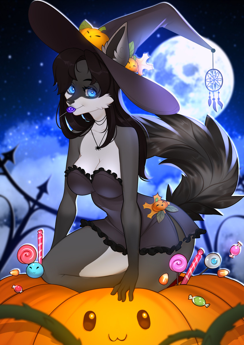 anthro black_hair black_nose blue_eyes candy clothing dessert female food fruit hair hat headgear headwear jewelry lingerie moon night plant pumpkin solo witch_hat nitricacid sila_dione mammal procyonid raccoon digital_media_(artwork) hi_res