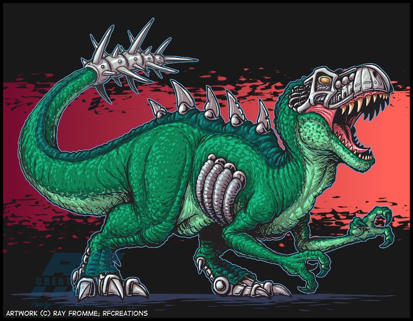 ambiguous_gender biped black_border border claws countershade_face countershade_neck countershade_tail countershade_torso countershading cybernetics feral green_body machine open_mouth sharp_teeth solo tail teeth tongue almightyrayzilla cc-by-nc-nd creative_commons turok thunder_(turok) cyborg dinosaur prehistoric_species reptile scalie theropod