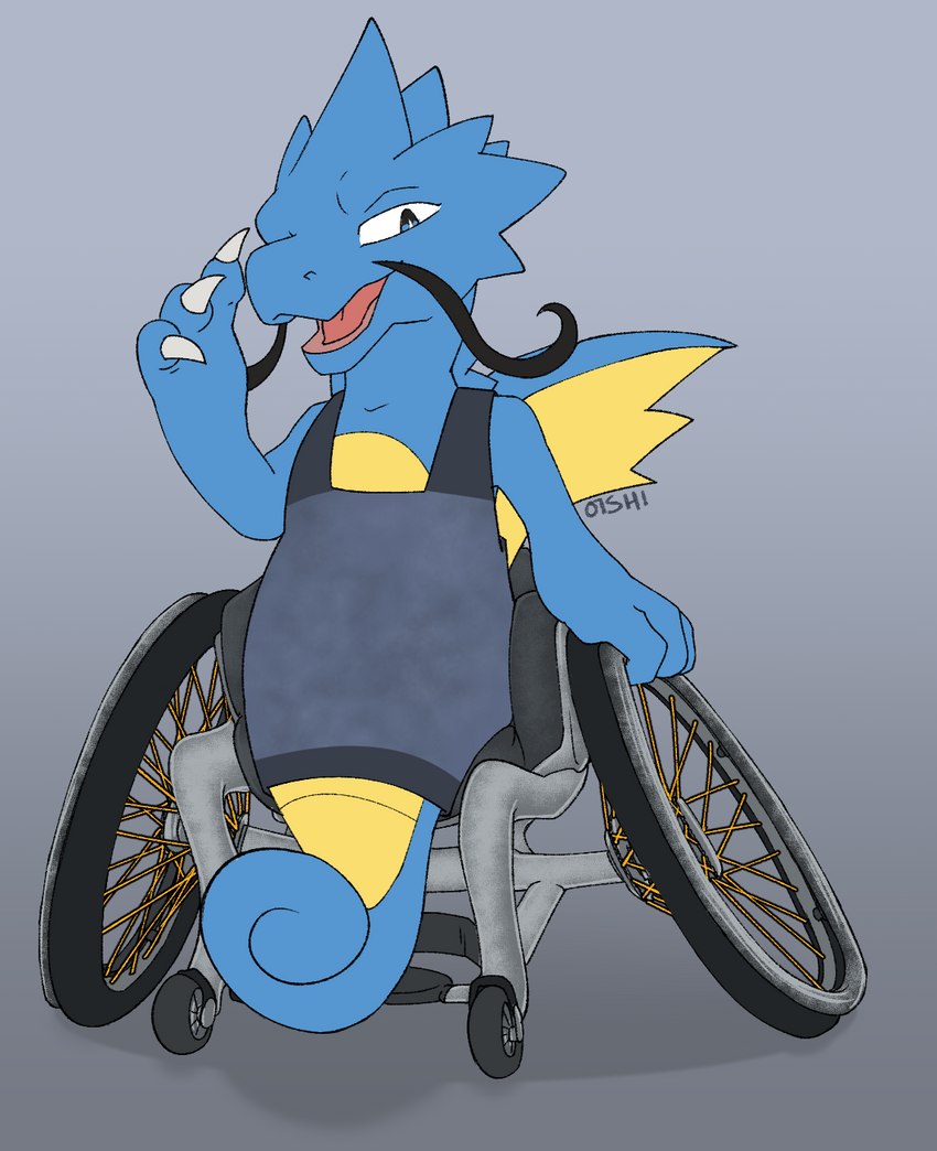 3_fingers beta_design clothed clothing fingers legless looking_at_viewer open_mouth overalls overalls_only simple_background solo vehicle wheelchair o-ishi beta_pokemon_games nintendo pokemon pokemon_gold_beta clarence_castellano beta_kingdra beta_pokemon_(species) generation_2_pokemon marine pokemon_(species) digital_media_(artwork) hi_res