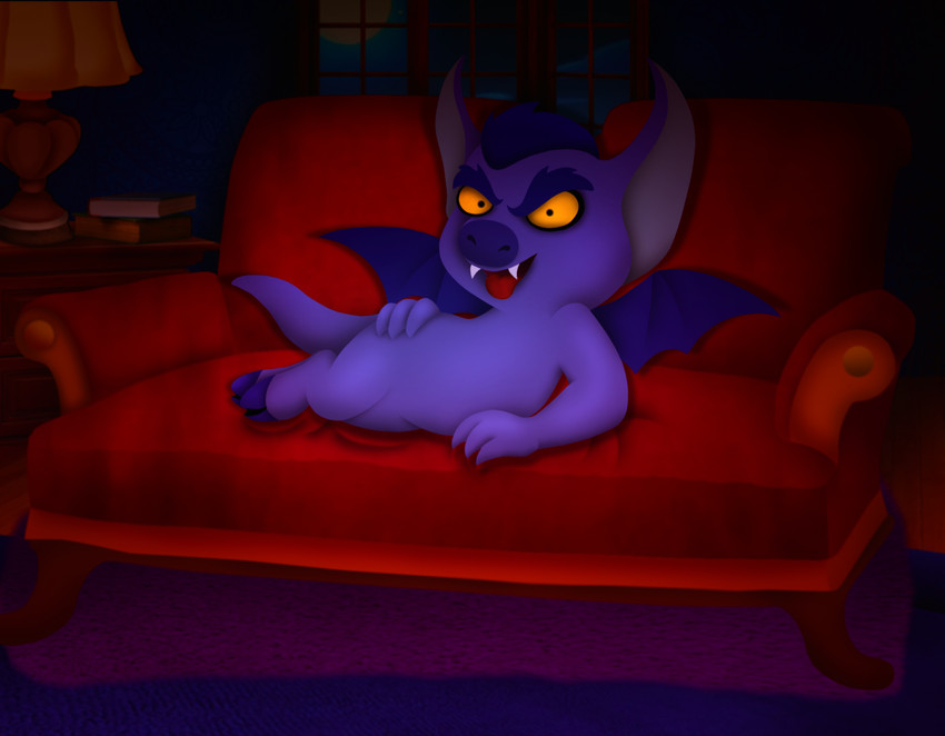 anthro detailed_background fangs furniture inside lying male night on_side on_sofa reclining seductive sofa solo teeth tongue tongue_out wings amegared masters_of_the_universe mattel she-ra:_princess_of_power she-ra_(copyright) imp_(she-ra) demon humanoid imp hi_res