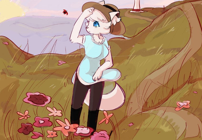 anthro blue_clothing blue_eyes blue_shirt blue_topwear clothing detailed_background female fur grass hat headgear headwear hill outside plant shirt solo topwear white_body white_fur bloowolfy domestic_cat felid feline felis mammal 2022