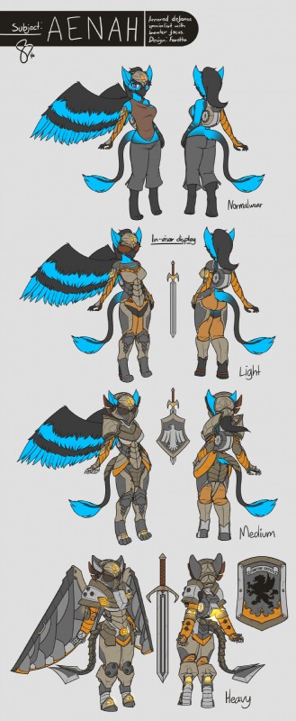 anthro armor backpack beak black_body black_fur black_hair blue_body blue_fur clothed clothing feathered_wings feathers female front_view fur hair melee_weapon purple_eyes rear_view shield simple_background solo sword tail text weapon wings feretta mythology aenah_(stom_gryphon) avian gryphon mythological_avian mythological_creature absurd_res digital_media_(artwork) english_text hi_res