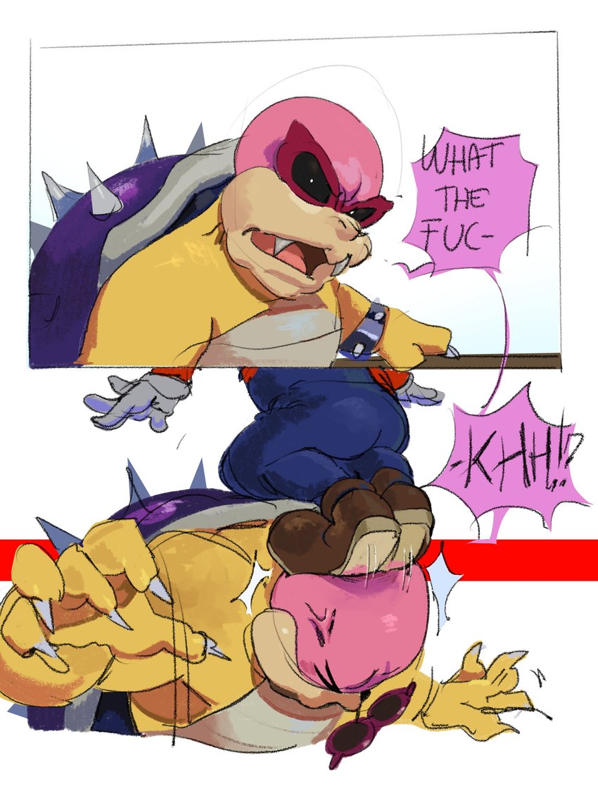 5_fingers anthro bald biped bracelet claws clothing dialogue duo eyes_closed eyewear fangs fingers footwear gloves handwear jewelry jumping light male pink_tongue shadow shell shoes speech_bubble spiked_bracelet spiked_shell spikes spikes_(anatomy) sunglasses talking_to_another teeth text tongue vein white_claws ionettam mario_bros nintendo koopaling mario roy_koopa human koopa mammal reptile scalie turtle 2024 absurd_res colored comic digital_drawing_(artwork) digital_media_(artwork) english_description english_text hi_res lighting shaded