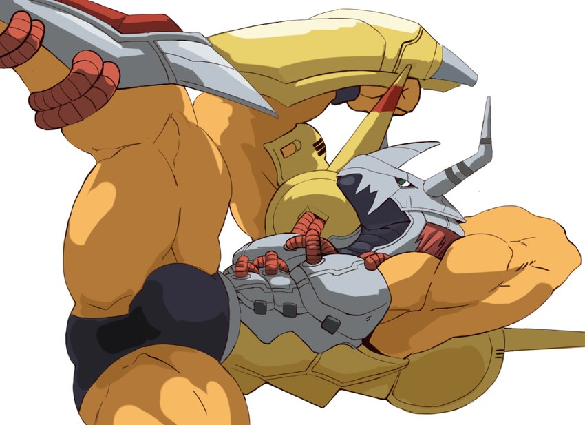 anthro armor biceps big_bulge breastplate bulge headgear helmet male muscular muscular_anthro muscular_male muscular_thighs schynbalds shield simple_background solo white_background crimenes bandai_namco digimon digimon_(species) wargreymon hi_res