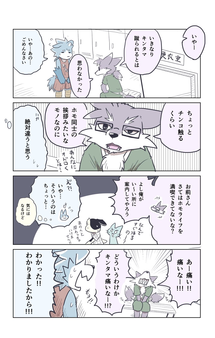 anthro blue_body blue_fur clothed clothing eyewear feet fully_clothed fur glasses group locker_room male purple_body purple_fur talons text toes brown_tail_(artist) aranami_kujira nezuki_koto canid canine fox hybrid mammal absurd_res comic hi_res japanese_text translation_request