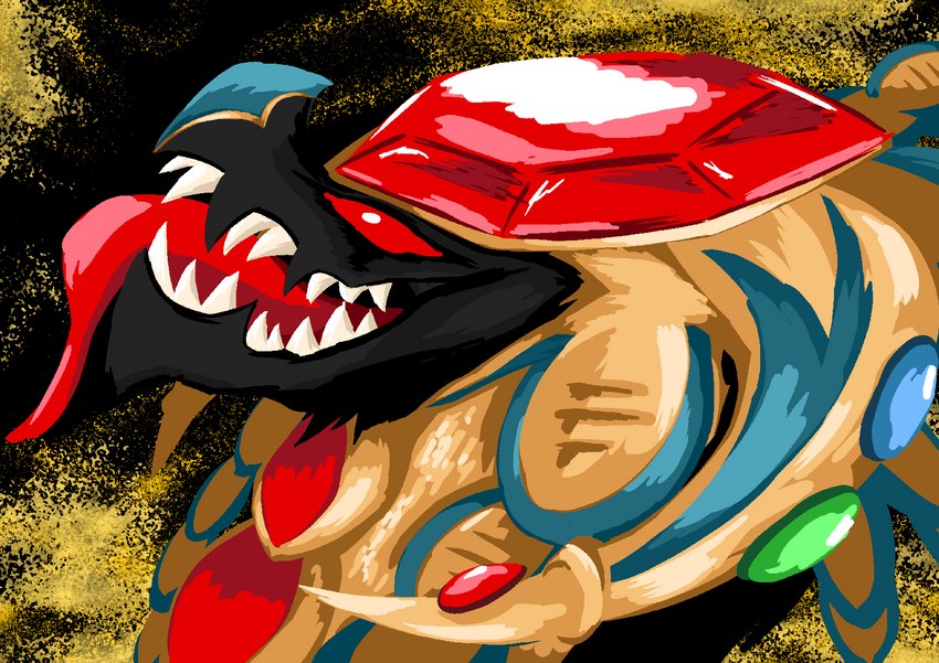 black_body fangs fusion gem gold_(metal) gold_jewelry horn horn_jewelry insane jewelry male open_mouth pokemon_fusion red_eyes royalty smile solo teeth tongue tongue_out shadowsoulful fakemon nintendo pokemon apophis_(shadowsoulful) fan_character cofagrigus demon generation_5_pokemon generation_7_pokemon kommo-o pokemon_(species)