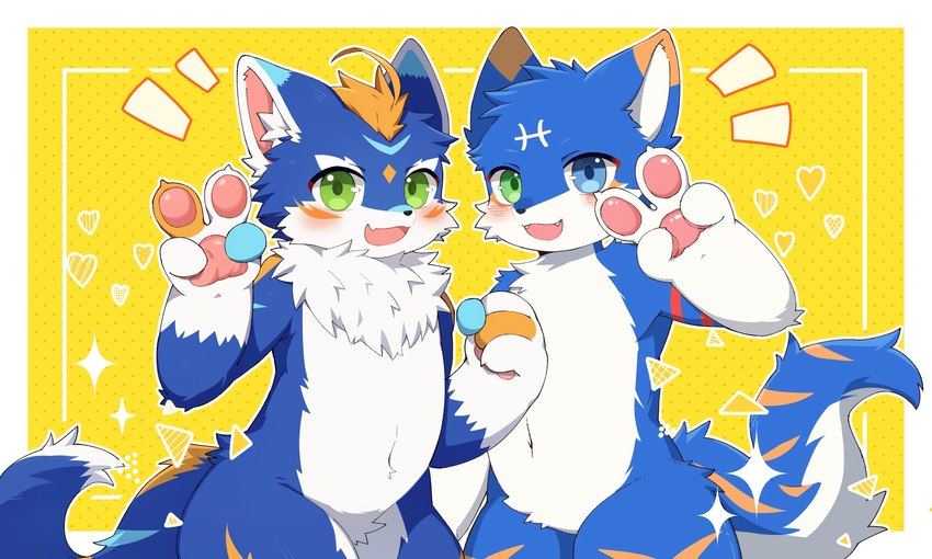 arched_back astrological_symbol belly_tuft blue_body blue_eyes blue_fur blue_markings blue_tail blush blush_lines countershading crotch_lines crotch_tuft cute_fangs dotted_background emanata fangs fist fur gesture glistening glistening_eyes green_eyes hair hand_gesture heart_symbol heterochromia looking_at_viewer markings multicolored_body multicolored_tail navel navel_tuft neck_tuft open_mouth open_smile orange_body orange_facial_markings orange_fur orange_hair orange_markings orange_tail pattern_background pisces_(symbol) simple_background smile star symbol tail teeth tuft v_sign western_zodiac_symbol white_body white_countershading white_facial_markings white_fur tody_0312 production_taiikukan lion_(fw_rion) ambiguous_species mammal 2024 character_request hi_res