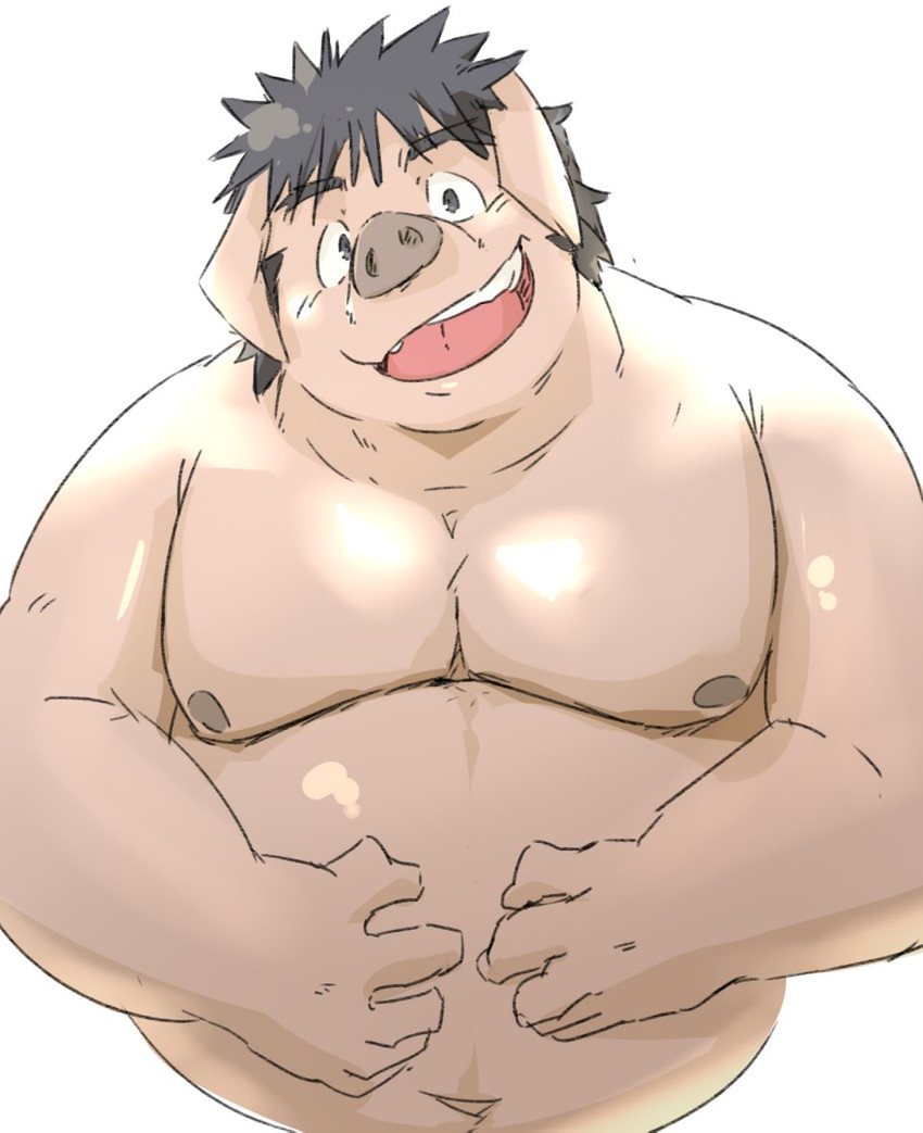 anthro belly humanoid_hands kemono male moobs navel nipples overweight overweight_anthro overweight_male simple_background solo white_background train_(artist) domestic_pig mammal suid suina sus_(pig) 2021