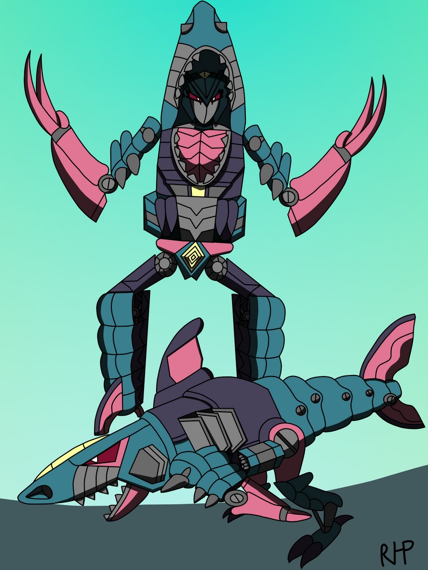 ambiguous_gender anthro feral front_view green_background machine multiple_forms side_view simple_background solo standing teal_body rhp hasbro takara_tomy transformers overbite_(transformers) fish marine robot robot_feral seacon shark absurd_res cel_shading digital_drawing_(artwork) digital_media_(artwork) hi_res shaded