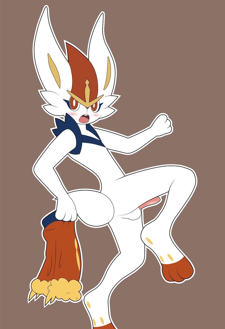 anthro balls blush bottomwear caught_in_the_act clothing embarrassed erection fur genitals holding_clothing holding_object looking_at_viewer male nude penis pseudo_clothing pseudo_clothing_removed red_eyes shorts solo white_body white_fur tmdduq6918 nintendo pokemon cinderace generation_8_pokemon lagomorph mammal pokemon_(species) hi_res