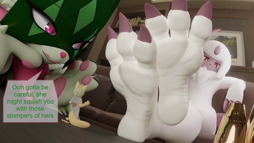 3_toes ambiguous_gender anthro big_feet biped claws clothing crossed_feet crossed_legs detailed_background feet foot_fetish foot_focus foot_on_table furniture green_body group heart_clothing heart_symbol horn looking_at_another macro mask micro neck_tuft on_sofa on_table pawpads paws pink_eyes plantigrade red_eyes sitting sitting_on_sofa sitting_on_table size_difference smile sofa table tan_body text toe_claws toes trio tuft white_body chutos nintendo pokemon paige_(p4wsized) absol felid feline generation_3_pokemon generation_9_pokemon mammal meowscarada pokemon_(species) 16:9 2024 3d_(artwork) digital_media_(artwork) english_text hi_res widescreen