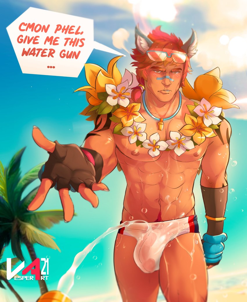 abs areola blue_sky blush bottomwear bulge clothed clothing cloud detailed_bulge eyebrows eyewear fingerless_gloves flower_necklace front_view genital_outline glasses gloves hair handwear inner_ear_fluff logo looking_at_viewer male muscular muscular_humanoid muscular_male narrowed_eyes navel nipples palm_tree pecs penis_outline plant red_eyebrows red_hair sky solo speech_bubble tan_body tan_skin text topless translucent translucent_bottomwear translucent_clothing translucent_underwear tree tuft underwear white_inner_ear_fluff yellow_eyes vesper_art league_of_legends riot_games tencent sett_(lol) humanoid 2021 absurd_res artist_logo artist_name dated english_text hi_res