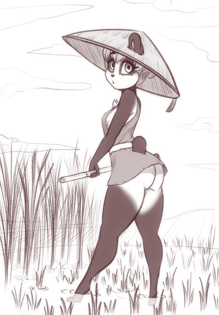 :o anthro big_hat black_nose breasts butt chest_tuft clothed clothing cloud eyebrows eyelashes farm farmer female hair hat headgear headwear hoe holding_object looking_at_viewer looking_back looking_back_at_viewer medium_breasts open_mouth outside partially_submerged plant short_hair short_tail simple_background sky small_breasts solo standing standing_in_water tail tools tuft water white_background scorpdk bear giant_panda mammal 2022 absurd_res digital_media_(artwork) full-length_portrait hi_res monochrome portrait