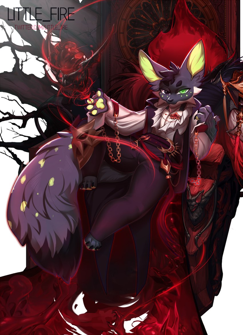 chair clothed clothing fur furniture hair heterochromia looking_at_viewer male solo spots throne little_fire dungeon_fighter_(franchise) kota_(kotafen) canid canine fennec_fox fox mammal true_fox vampire_lord hi_res