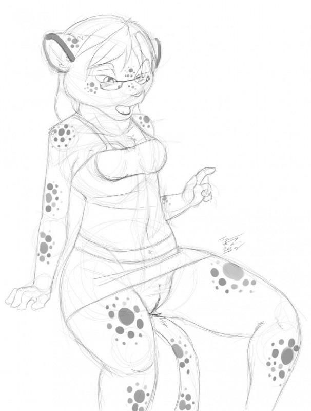 anthro biped bodily_fluids clothed clothing dress eyewear female genital_fluids genitals glasses no_underwear pussy sitting solo tail vaginal_fluids os moldred space_furries_(comic) julie_rayne felid feline leopardus mammal ocelot black_and_white hi_res monochrome sketch