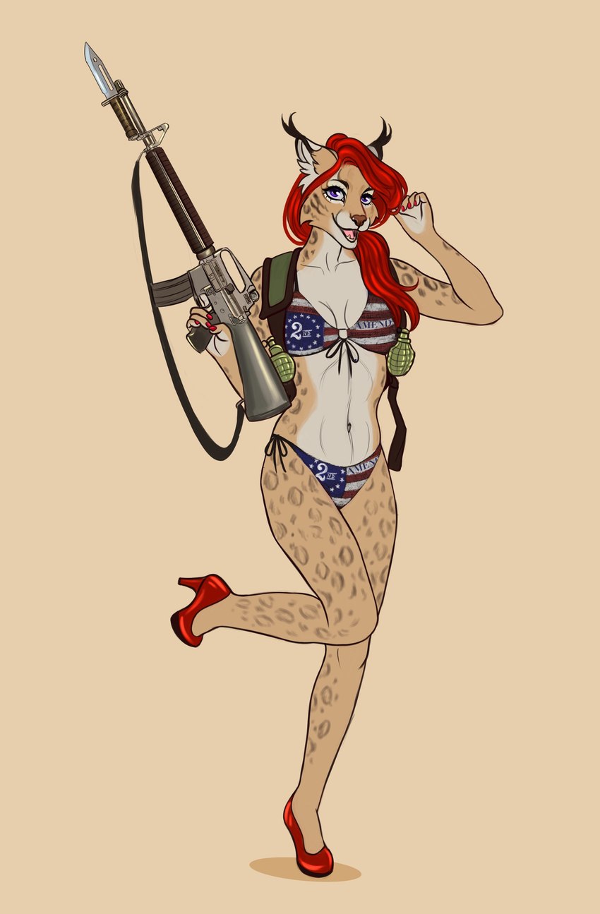 american_flag_bikini anthro assault_rifle bikini clothing female flag_bikini footwear gun hair high_heels holding_object holding_weapon m16 purple_eyes ranged_weapon red_hair rifle shoes solo swimwear two-piece_swimsuit weapon cinnameana cadence_ann felid feline lynx mammal absurd_res hi_res