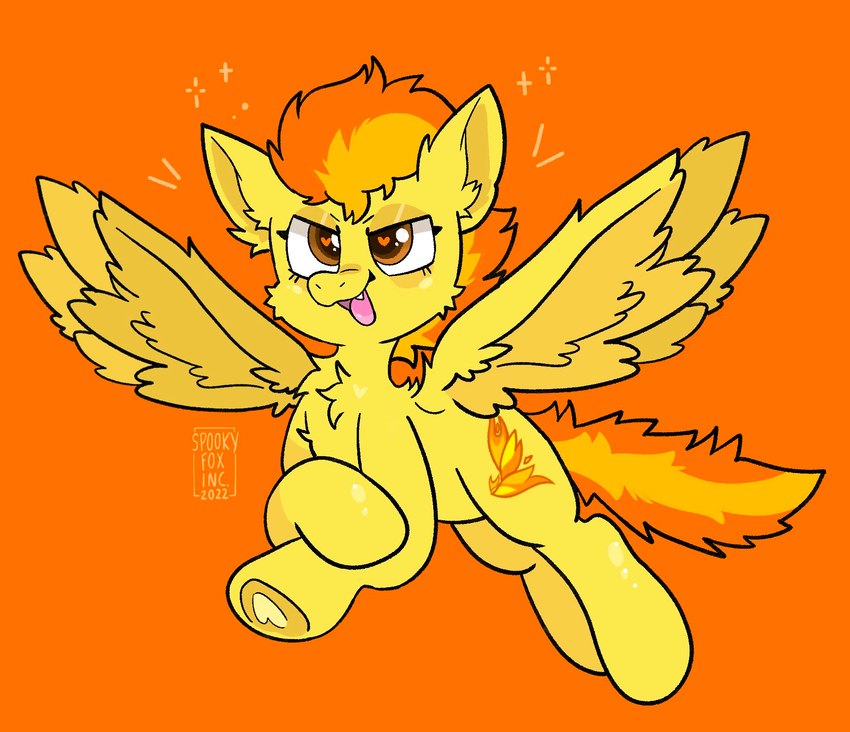 brown_eyes chest_tuft cutie_mark fangs feathered_wings feathers female feral fluffy flying fur hair head_tuft heart_symbol hooves orange_background orange_hair orange_tail simple_background smile solo spread_wings tail teeth tuft underhoof wings yellow_body yellow_feathers yellow_fur spookyfoxinc friendship_is_magic hasbro my_little_pony mythology spitfire_(mlp) wonderbolts_(mlp) equid equine mammal mythological_creature mythological_equine pegasus 2022 digital_media_(artwork) hi_res signature