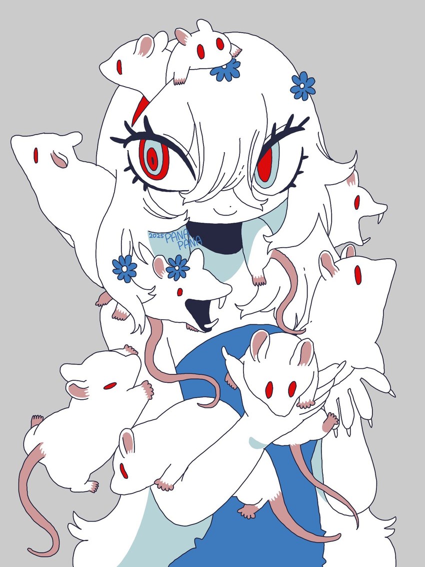 accessory albino ambiguous_gender clothed clothing female feral flower flower_in_hair grey_background group hair hair_accessory plant sharp_teeth simple_background smile teeth 87sukiyaki human mammal murid murine rat rodent 2025 dated hi_res