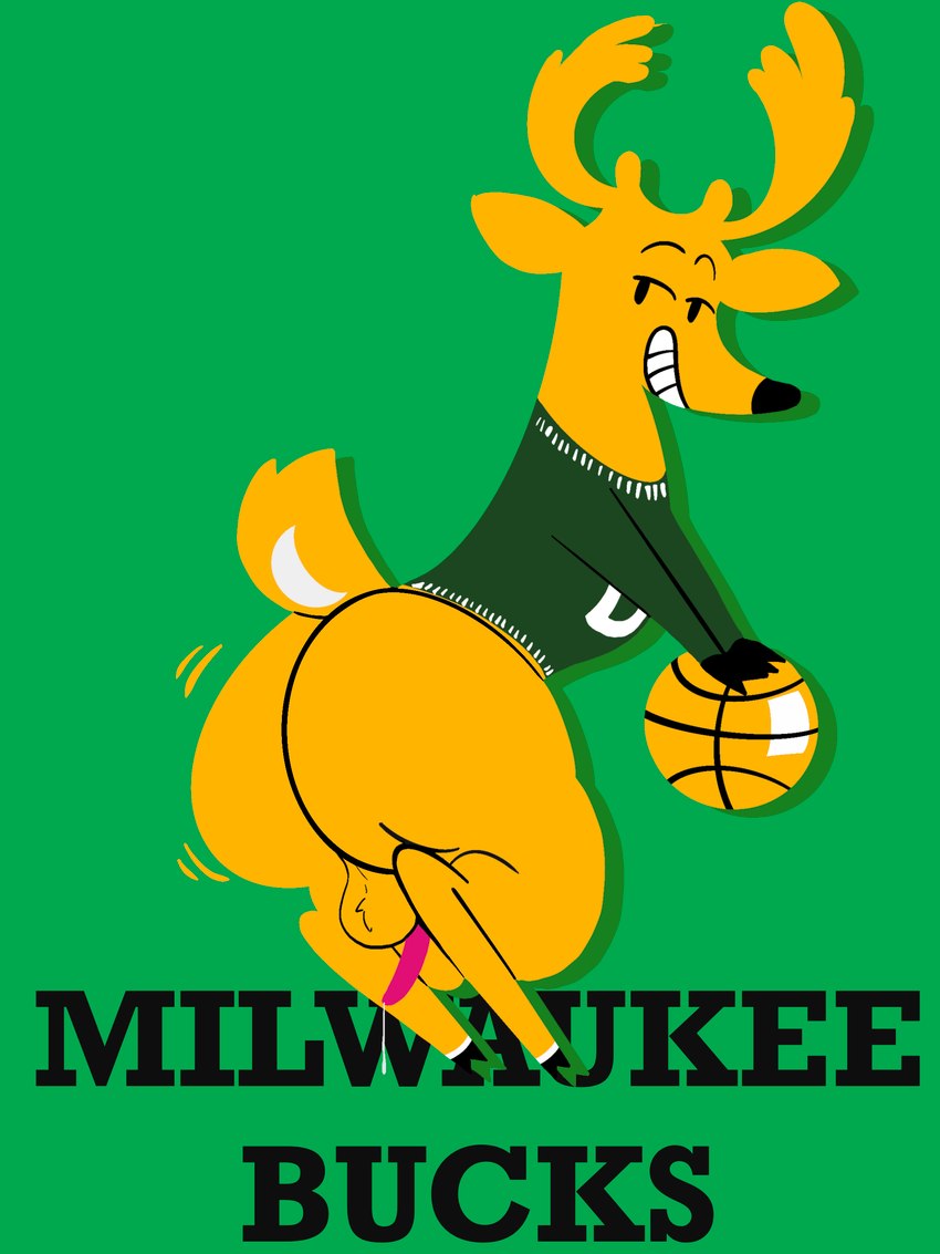 anatomically_correct anatomically_correct_genitalia anatomically_correct_penis animal_genitalia animal_penis anthro antlers backsack balls basketball big_butt bodily_fluids butt cervine_genitalia cervine_penis clothing cloven_hooves cum cum_string fingers genital_fluids genitals hooved_fingers hooves horn logo male penis penis_backwards scut_tail shirt short_tail solo sweater tail topwear terminalvermin milwaukee_bucks nba cervine deer mammal 3:4 absurd_res hi_res