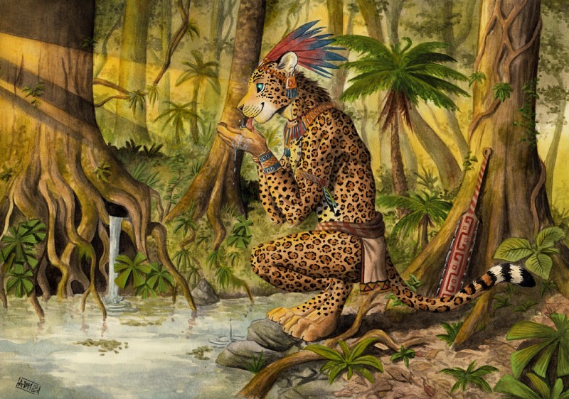 anklet anthro armlet aztec bottomwear bracelet clothing crouching day detailed_background digitigrade dipstick_tail drinking ear_piercing feathered_headdress feathers forest green_eyes jewelry leopard_spots light loincloth looking_down macuahuitl male markings melee_weapon multicolored_tail necklace outside palm_tree piercing plant pond rainforest shadow smile solo spots spotted_body spotted_markings spotted_tail spring striped_markings striped_tail stripes sunlight tail tail_markings tree tribal tribal_clothing tropical vines warrior water water_drop waterfall weapon 0laffson felid jaguar mammal pantherine 2018 dated hi_res painting_(artwork) signature traditional_media_(artwork) watercolor_(artwork)