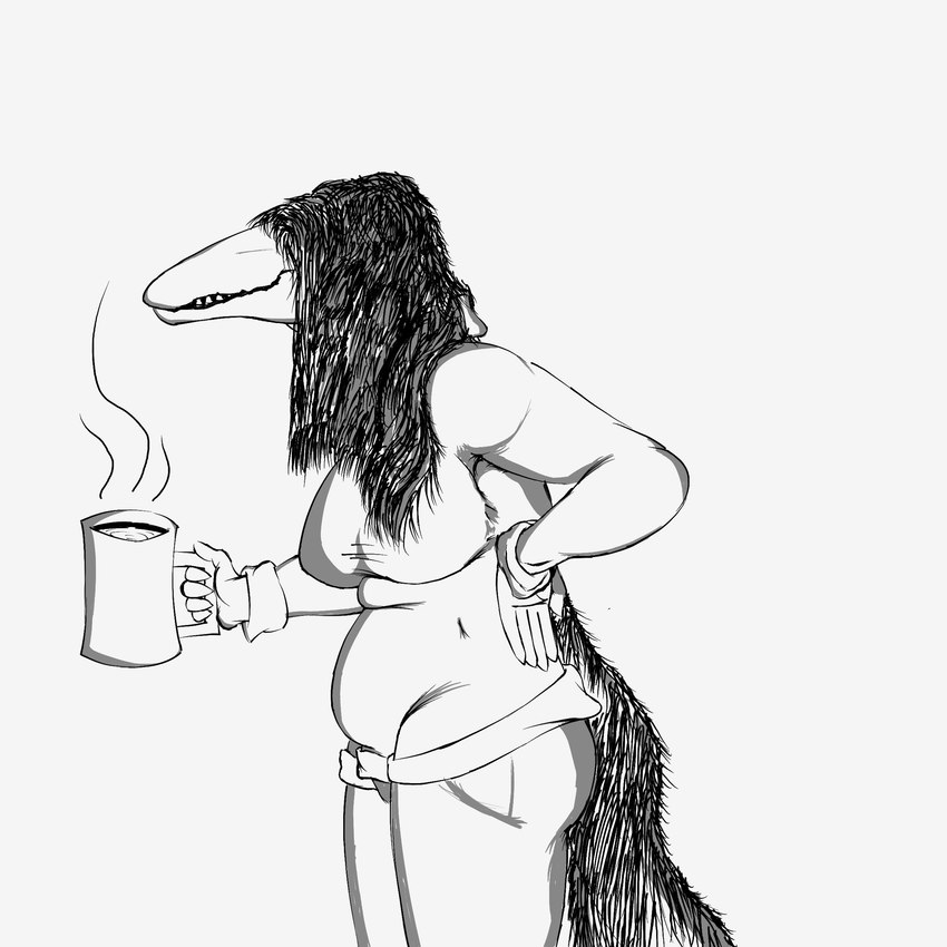 anthro belly beverage big_breasts big_butt bottomwear breasts butt candy chocolate clothing container crossgender cup dessert female food hair hair_covering_face hairy_tail hot_chocolate hunched_over long_hair mug pants side_view slightly_chubby solo sweater topwear heelipmo scp_foundation scp-682 scalie 1:1 absurd_res digital_drawing_(artwork) digital_media_(artwork) hi_res monochrome shaded