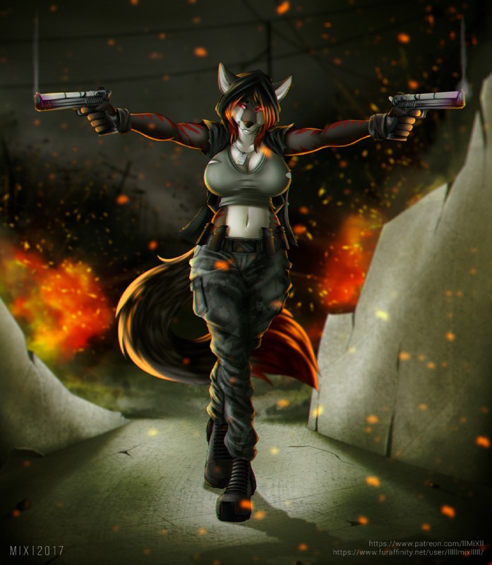 anthro big_breasts boots breasts cleavage clothed clothing countershading crop_top detailed_background dipstick_tail dual_wielding electricity female fire footwear fully_clothed glowing glowing_eyes gun gunslinger hair handgun holding_gun holding_object holding_ranged_weapon holding_weapon huge_breasts magazine_(gun) markings multicolored_hair multicolored_tail navel pistol ranged_weapon shirt shoes solo sparks tail tail_markings text topwear urban weapon white_body white_countershading galacticmichi tena_teardrop canid canine fox mammal 2017 url