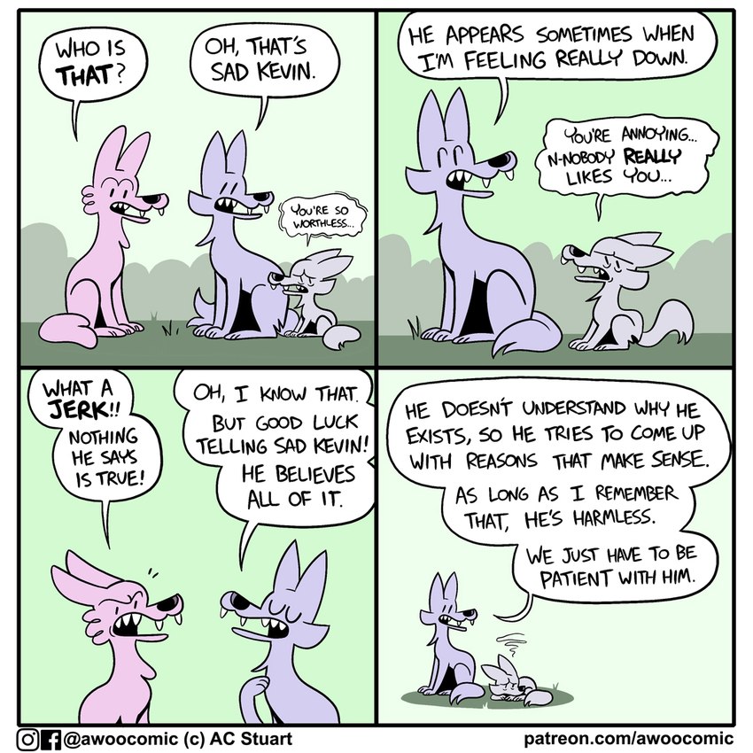 ambiguous_gender asking asking_another asking_who base_two_layout black_nose bold_text conjoined_speech_bubble describing_another dialogue emanata eyebrows eyes_closed fangs feral four_frame_grid four_frame_image fur gesture good_luck good_wishes grey_body grey_fur grey_tail grid_layout group hand_gesture insult name_drop name_in_dialogue open_mouth pink_body pink_fur pink_tail pointing pointing_at_self question regular_grid_layout sad sitting speech_bubble stuttering tail talking_to_another teeth text text_emphasis trio two_row_layout wavy_speech_bubble ac_stuart noob_the_loser awoo_(ac_stuart) kevin_(ac_stuart) pink_wolf_(ac_stuart) canid canine canis mammal wolf 1:1 comic english_text url male_(lore)