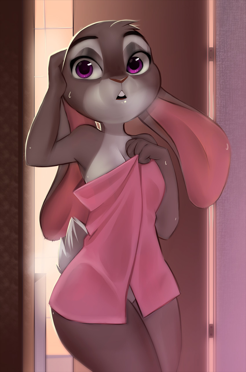 anthro breasts buckteeth countershade_face countershade_fur countershading door dripping female fur grey_body grey_fur head_tuft inside looking_at_viewer purple_eyes solo standing teeth towel towel_only tuft water_drop white_body white_fur rin_tyan disney zootopia judy_hopps lagomorph leporid mammal rabbit digital_media_(artwork) hi_res shaded