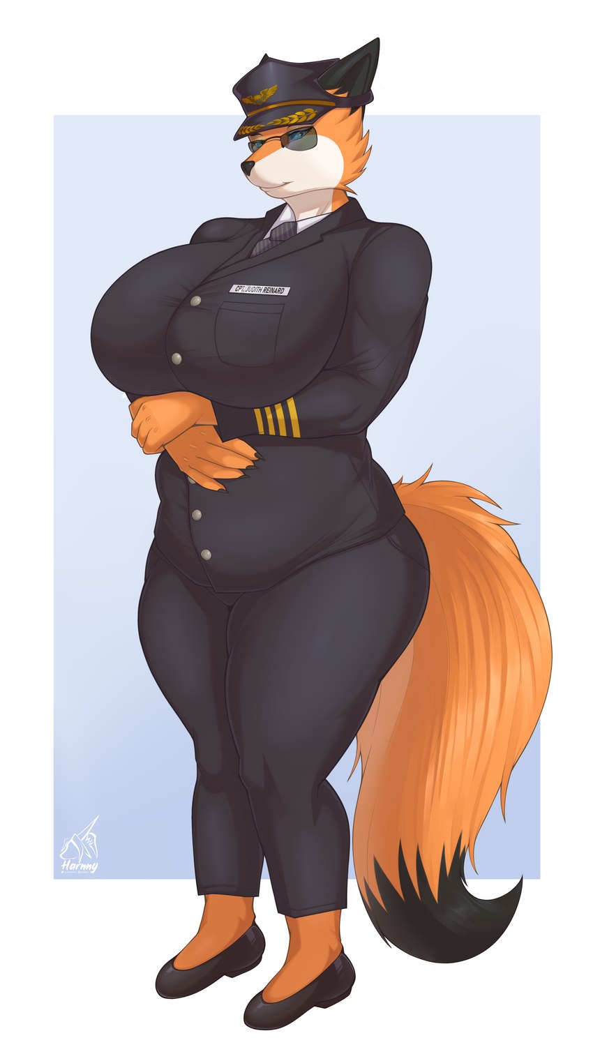 anthro big_breasts breasts clothing curvy_figure eyewear female footwear hand_on_breast looking_at_viewer necktie pilot_uniform shoes slightly_chubby solo suit suit_symbol sunglasses uniform voluptuous harnny judy_reinard canid canine fox mammal red_fox true_fox 2022 9:16 absurd_res hi_res