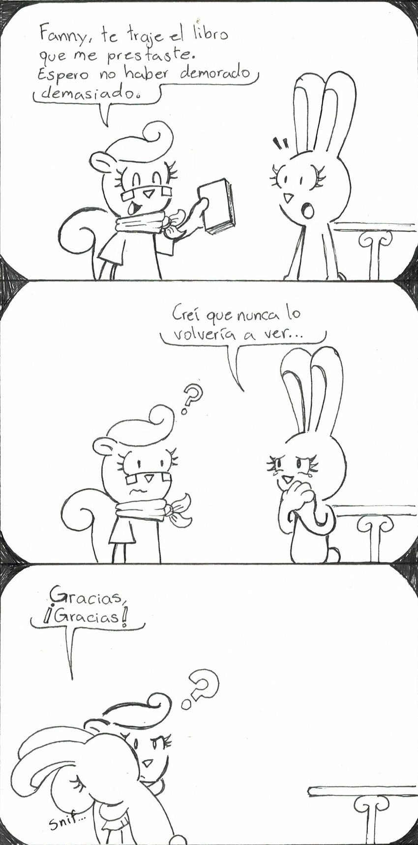 dialogue duo female humor semi-anthro simple_background text el_senor_erizo fanny_(el_senor_erizo) nutty_(el_senor_erizo) lagomorph leporid mammal rabbit rodent sciurid tree_squirrel absurd_res comic hi_res monochrome spanish_text translated