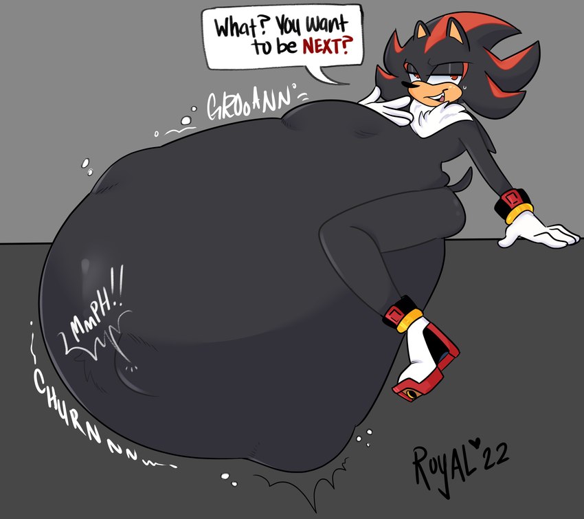 abdominal_bulge after_vore anthro belly big_belly bodily_fluids digestion digestion_noises male oral_vore same_size_vore solo sweat talking_to_viewer vore royalllama sega sonic_the_hedgehog_(series) shadow_the_hedgehog absurd_res hi_res