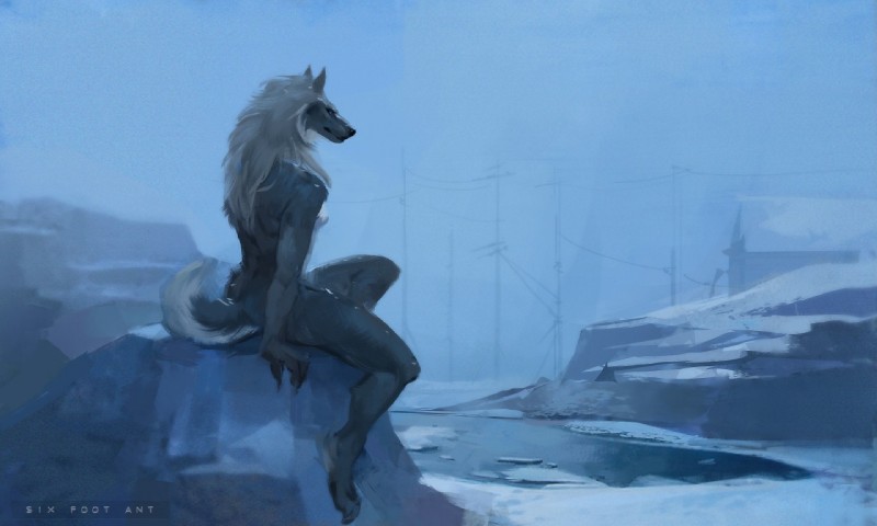 anthro biped blue_eyes breasts building electrical_lines female fur grey_body grey_fur grey_hair hair house ice looking_aside nude outdoor_nudity outside rock sitting snow solo water white_body white_fur winter sixfoot mythology eleniel canid canine canis mammal mythological_canine mythological_creature werecanid werecanine werecreature werewolf wolf 2019 5:3 black_and_blue monochrome