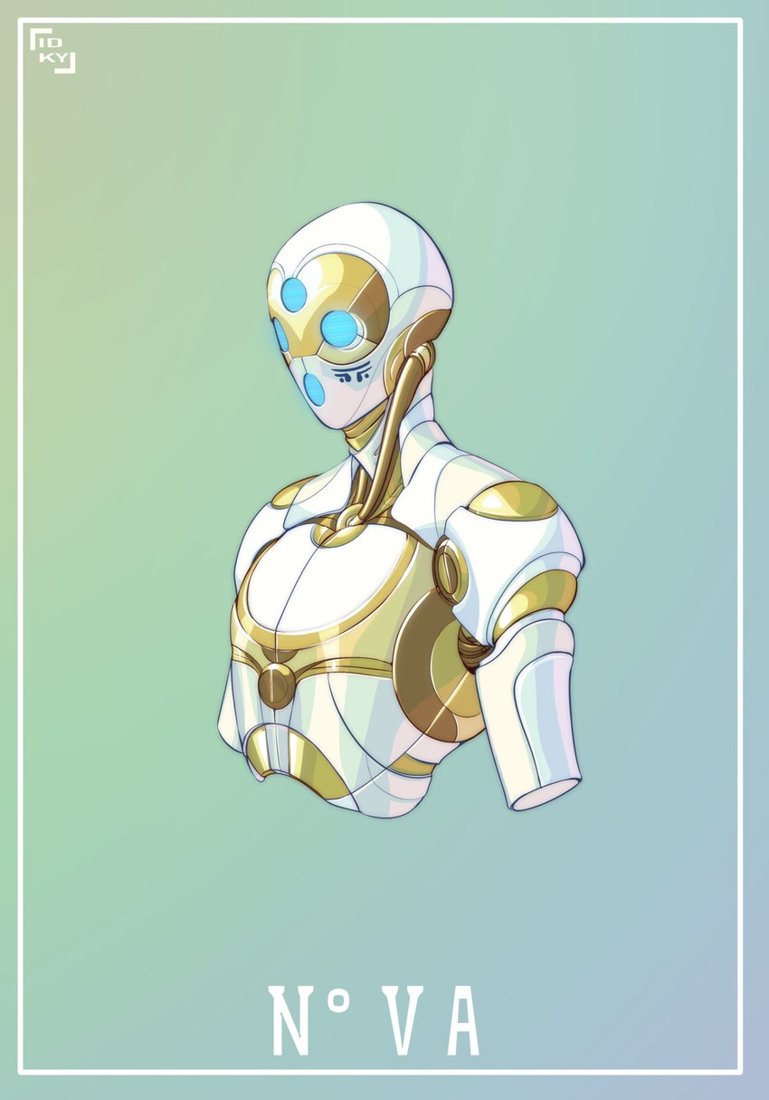 ambiguous_gender blue_eyes empty_eyes gold_body gradient_background logo machine multicolored_body not_furry nude open_mouth simple_background solo teal_background three-quarter_view two_tone_body white_body yellow_body i-d-k-y android humanoid robot robot_humanoid nova_(disambiguation) 2022 artist_logo cel_shading character_name digital_media_(artwork) half-length_portrait hi_res portrait shaded