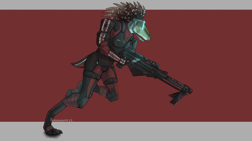 3_fingers 3_toes action_pose armor body_armor brown_body brown_feathers digitigrade electronics feather_hair feathered_crest feathers feet female fingers furgonomics gun head_crest holding_gun holding_object holding_ranged_weapon holding_rifle holding_weapon microphone n7 pose pseudo_hair ranged_weapon rifle running scope short_tail sniper_rifle snout solo space_marine tail tan_body tan_skin toes visor weapon yellow_eyes palavenmoons bioware electronic_arts halo_(series) mass_effect microsoft xbox_game_studios cor_zan fan_character alien avian kig-yar scalie t'vaoan 16:9 colored shaded widescreen