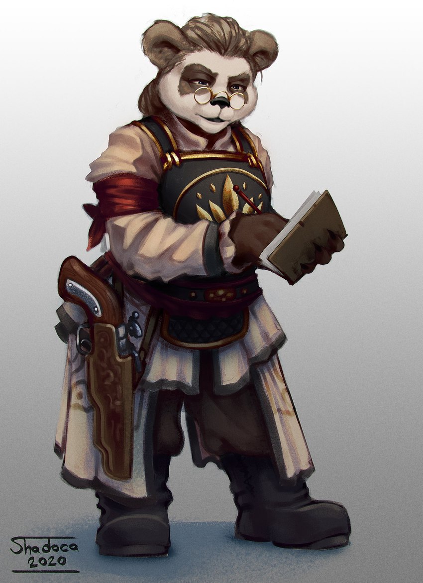 anthro book eyewear female glasses gun ranged_weapon simple_background solo weapon shadoca blizzard_entertainment warcraft bear mammal pandaren 2020 hi_res