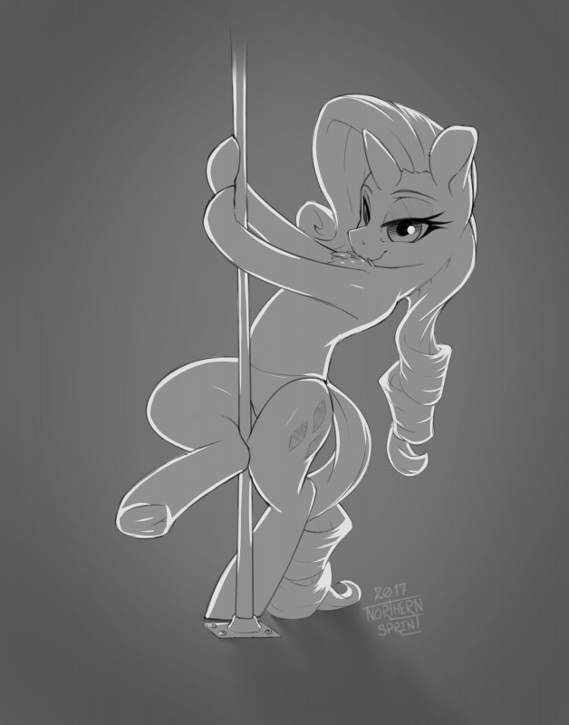 anthro clothing cutie_mark dancing female grey_background hair hooves horn long_hair panties pole pole_dancing semi-anthro simple_background smile solo underhoof underwear northernsprint friendship_is_magic hasbro my_little_pony mythology rarity_(mlp) equid equine mammal mythological_creature mythological_equine unicorn 2017 absurd_res hi_res monochrome