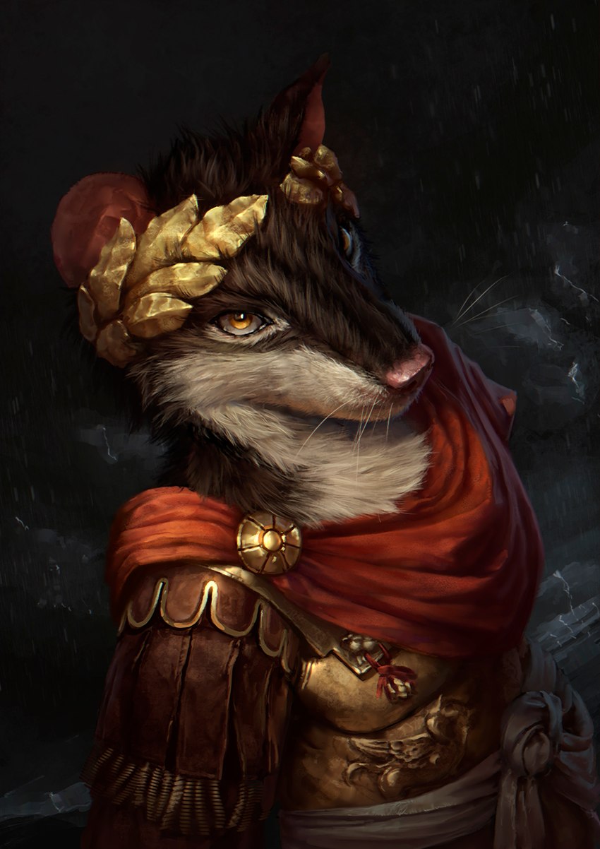 ancient_rome anthro armor black_body black_fur clothed clothing detailed_background detailed_fur emperor fur king looking_at_viewer male roman roman_clothing roman_empire royalty solo white_body white_fur conditional_dnp latex_(artist) philomaeus mammal murid murine rat rodent 2018 detailed digital_media_(artwork) hi_res