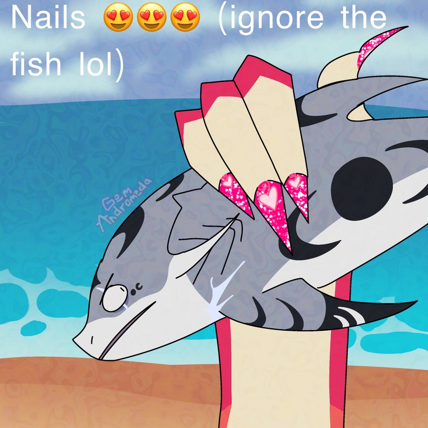 anthro beach colored_nails duo eye_scar facial_scar feral hand_focus long_nails nail_art nails pink_nails scar sea sky skyscape sparkling_nails stiletto_nails water gem_andromeda fin_(gem_andromeda) kai_(gem_andromeda) amphibian axolotl fish marine mole_salamander requiem_shark salamander shark tiger_shark 1:1 hi_res