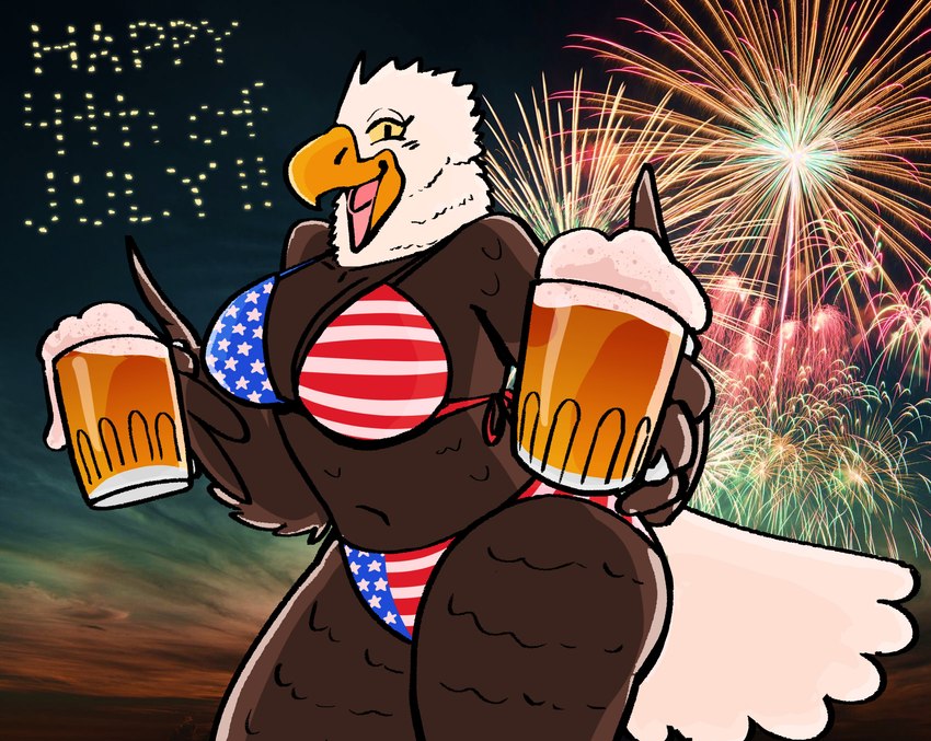 alcohol american_flag american_flag_bikini anthro back-tie_bikini back-tie_clothing back-tie_swimwear beak beer beer_mug beverage big_breasts bikini breasts brown_body brown_feathers clothed clothing feathers female fireworks flag_bikini holidays non-mammal_breasts open_beak open_mouth partially_clothed solo string_bikini swimwear tail tail_feathers thick_thighs two-piece_swimsuit united_states_of_america dubindore 4th_of_july accipitrid accipitriform avian bald_eagle bird eagle sea_eagle absurd_res hi_res