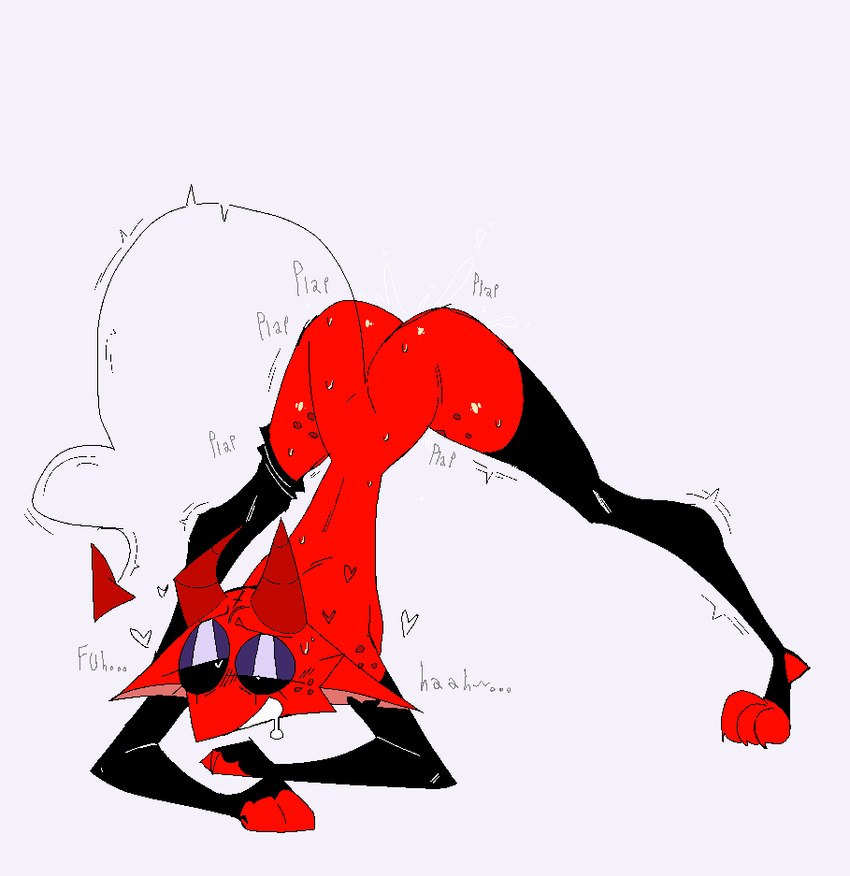 ambiguous_gender anthro bodily_fluids clothing horn nude open_mouth red_body sex solo spade_tail stirrup_stockings tail text xexeezy sam_(xexeezy) demon humanoid